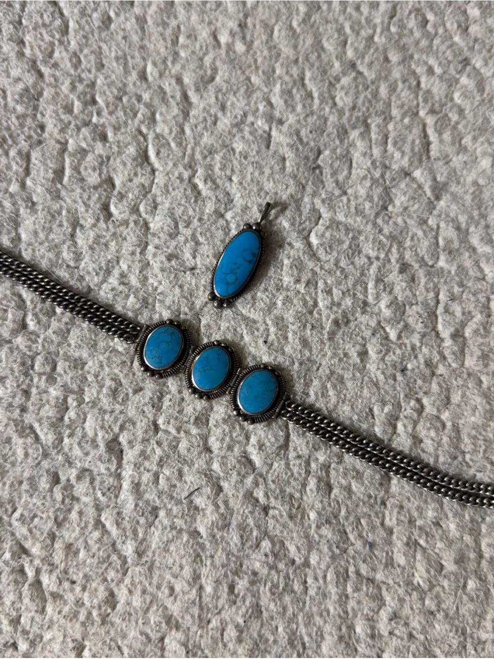 Vintage 925 Sterling Silver Turquoise Bracelet Triple Station Curb 8” W/ Pendant